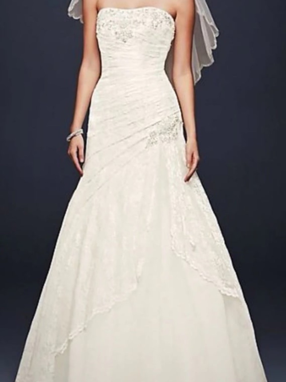David's Bridal Strapless White Lace A-Line Gown with Beaded Bodice
